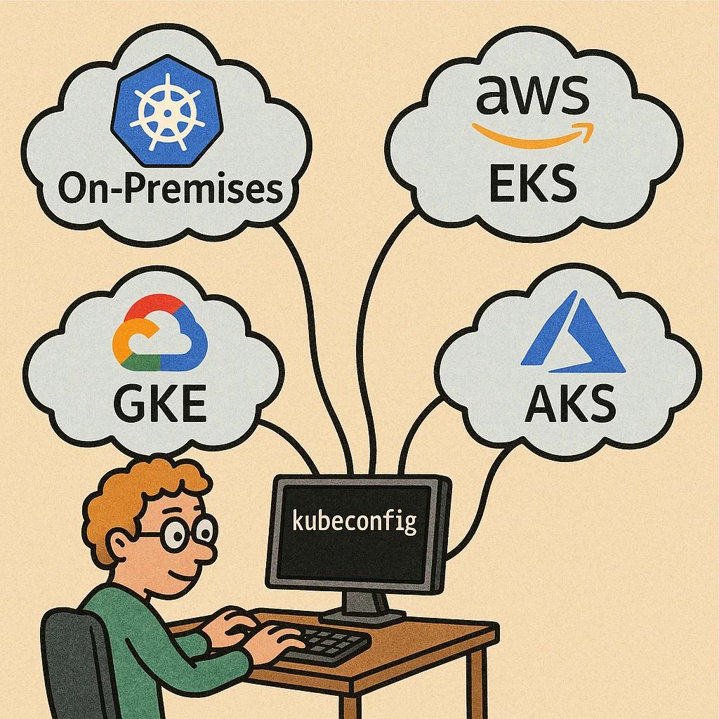 A person seating in front of the computer terminal with clouds around connected to the terminal. Each cloud has Kubernetes cluster.
